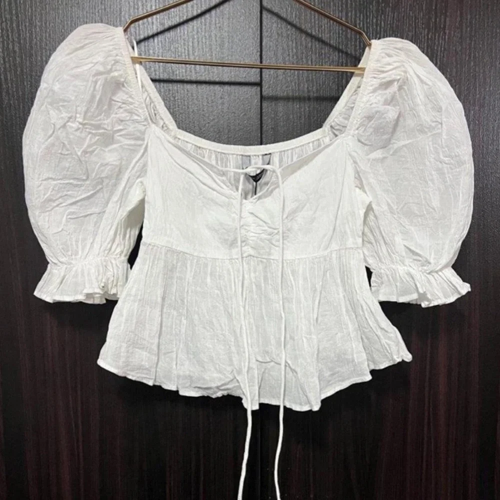 Zara White Puff Sleeve Crop Blouse